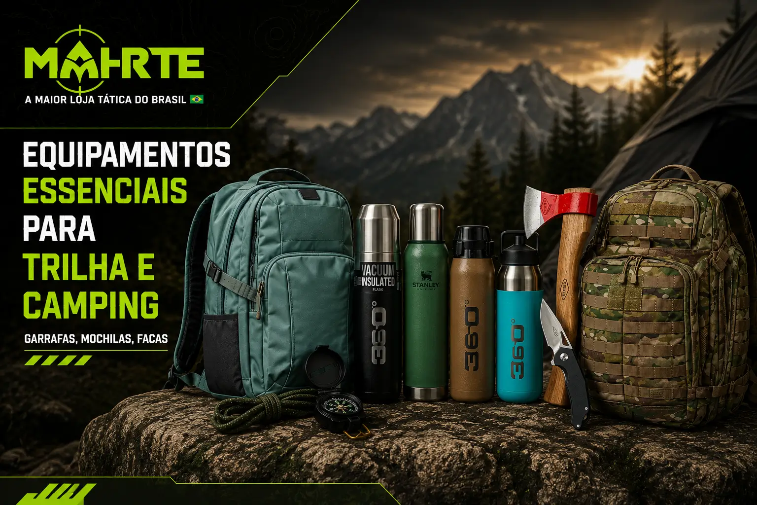 Equipamentos essenciais para trilha e camping (garrafas, mochilas, facas)