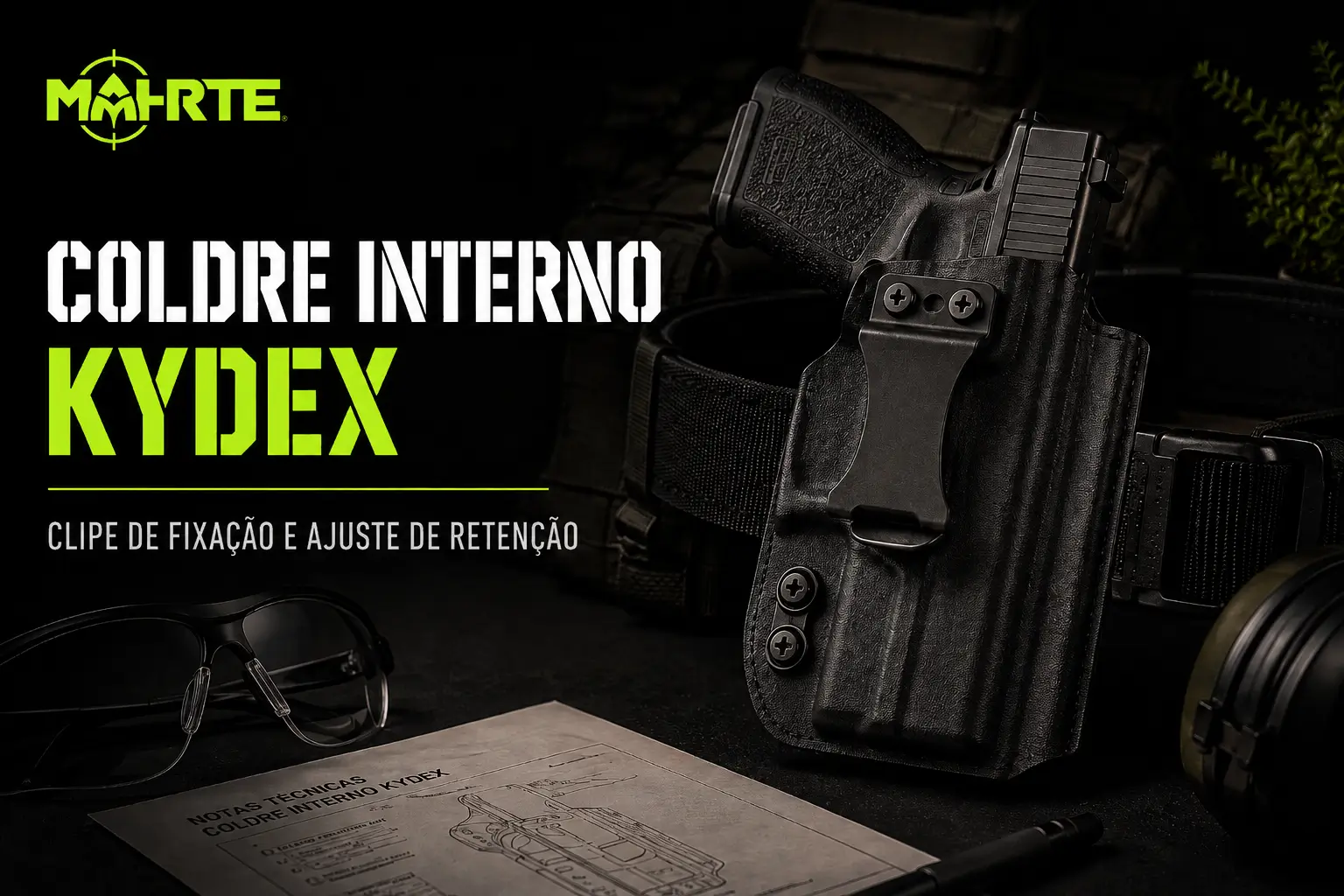 Coldre interno kydex mostrando clipe de fixação e ajuste de retenção