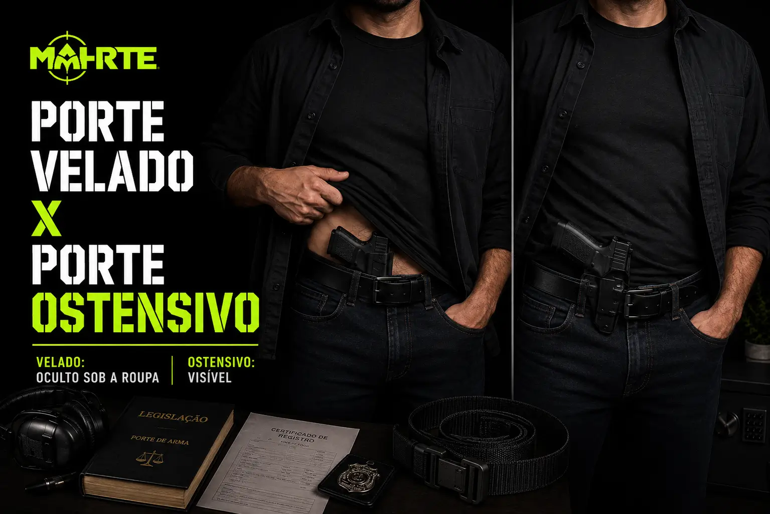 Comparação visual entre porte velado, oculto sob a roupa, e porte ostensivo, visível