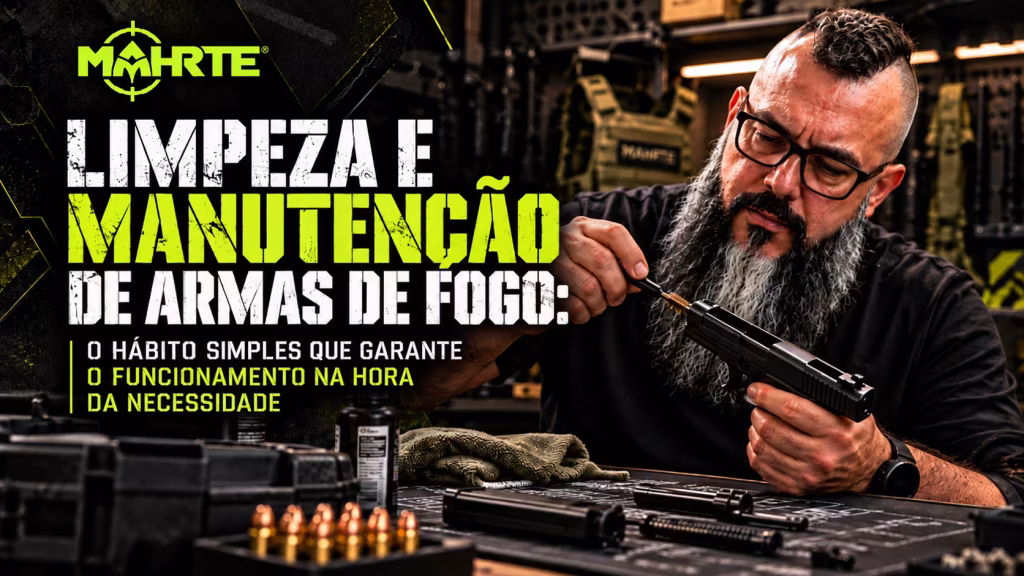 Homem desmontando uma pistola sobre a bancada de limpeza, imagem de capa do guia de limpeza e manutenção de armas de fogo da Mahrte